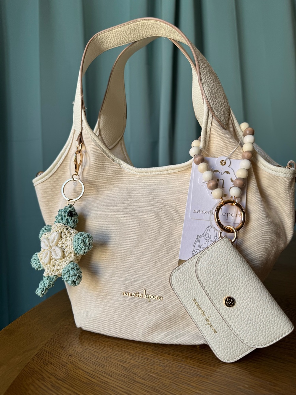 Nanette Lepore 🐢 DAPHNIE Satchel Canvas Tote Bag, Card Wallet & Turtle Charm NWT